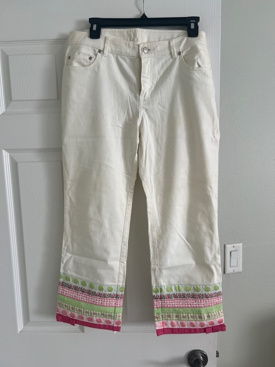 Lilly Pulitzer Denim - Lilly Pulitzer Women’s Embroidered Hem White Jeans with Pink & Green Trim